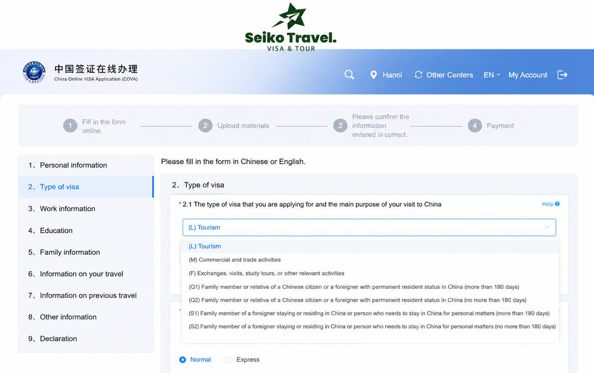Cách chọn loại visa trên tờ khai xin visa Trung Quốc online COVA