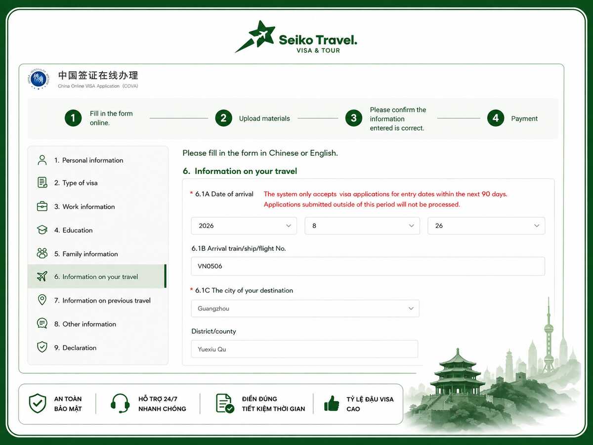 Hướng dẫn điền thông tin chuyến đi trên tờ khai visa Trung Quốc COVA