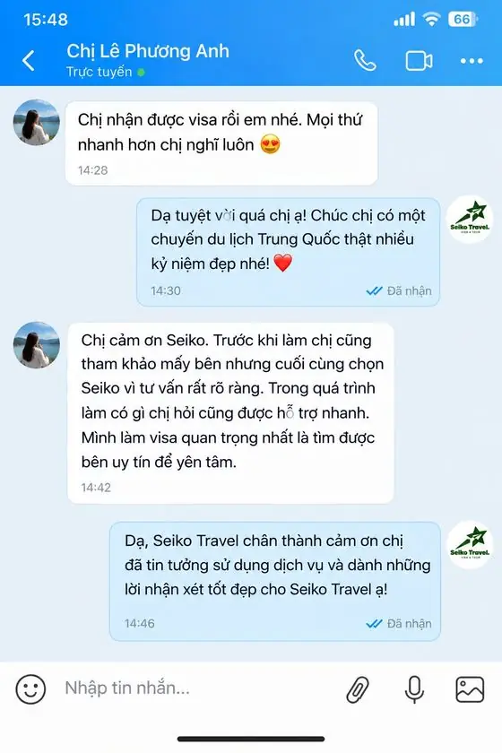 Tin nhắn khách hàng chị Lê Phương Anh cảm ơn Seiko Travel
