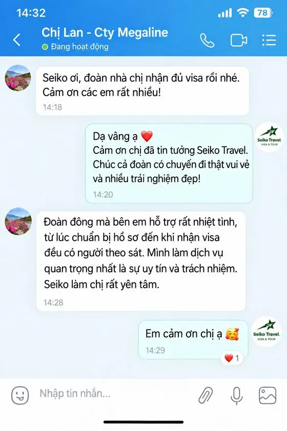 Tin nhắn khách hàng chị Lan công ty Megaline về visa đoàn