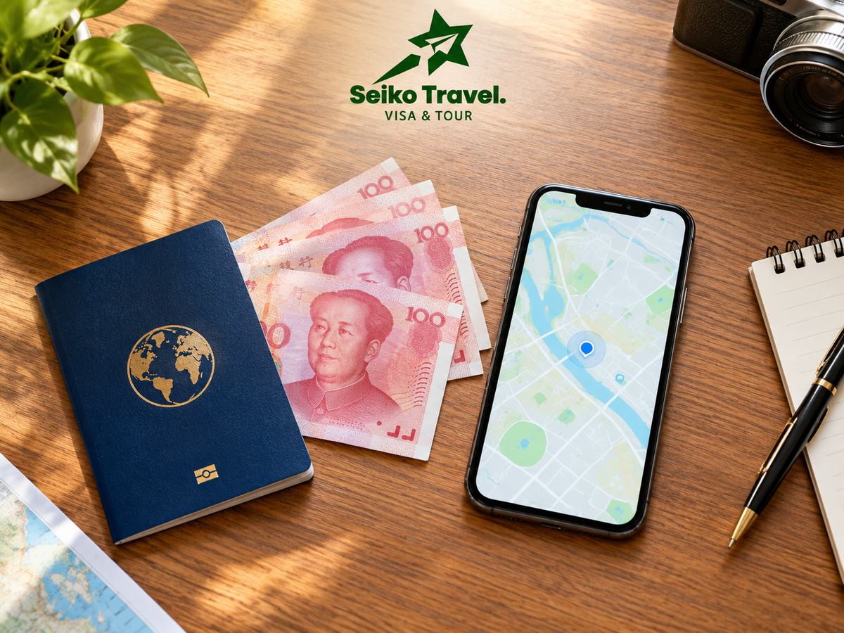 Hộ chiếu, tiền nhân dân tệ và điện thoại khi lập chi phí du lịch Trung Quốc cùng Seiko Travel