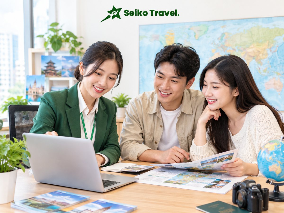 Nhân viên Seiko Travel tư vấn tour du lịch Trung Quốc cho cặp khách hàng