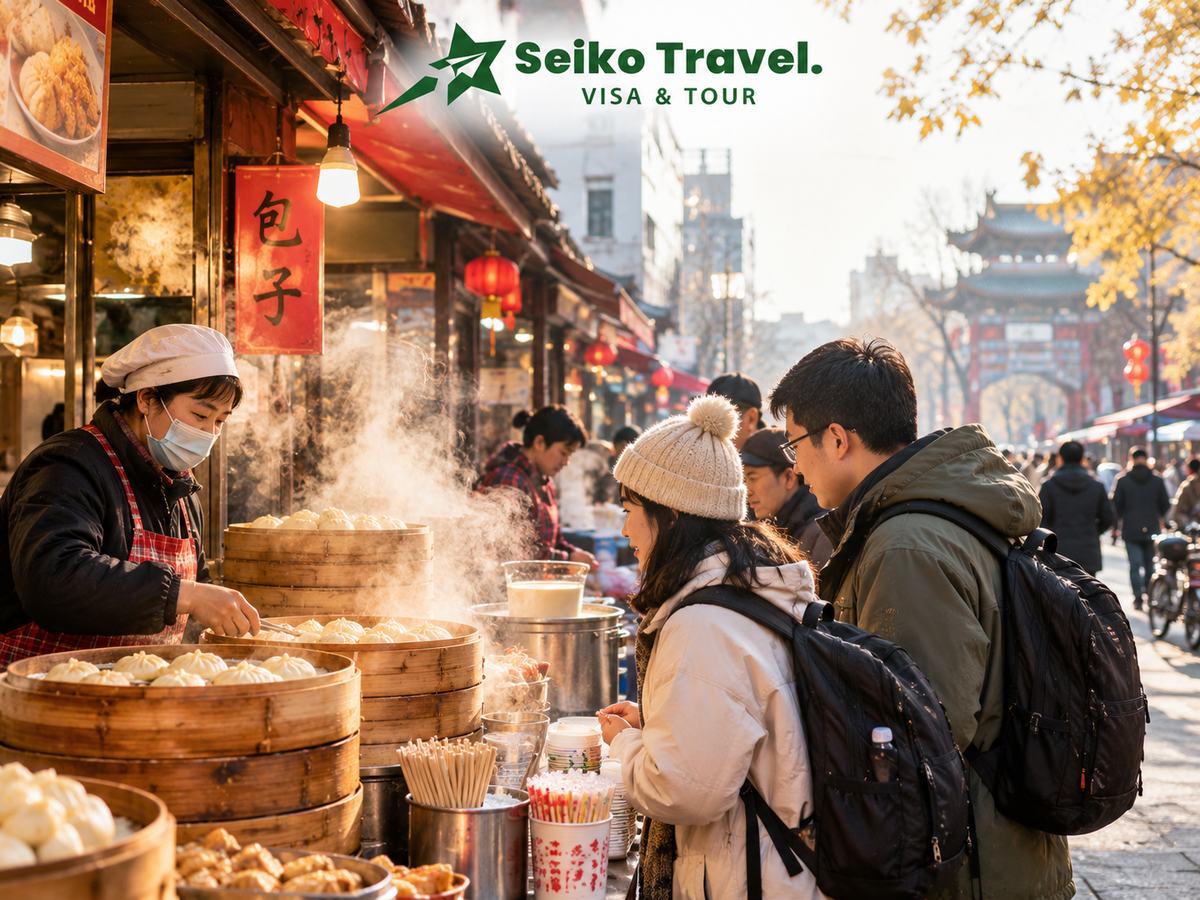 Quán bánh bao và sữa đậu nành ven đường ở Trung Quốc, một cách ăn ngon mà tiết kiệm được Seiko Travel gợi ý cho khách đi tour.