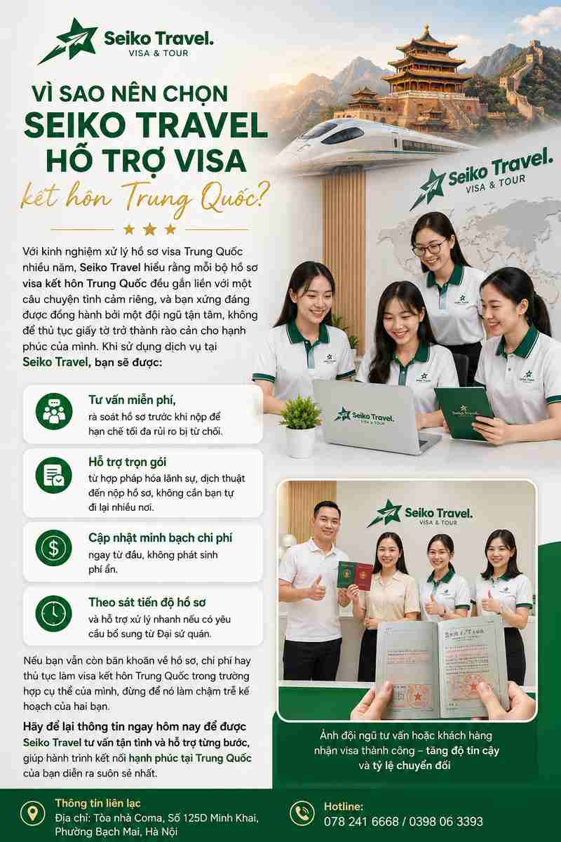 Visa Kết Hôn Trung Quốc 2026: Hồ Sơ, Thủ Tục & Chi Phí Mới Nhất 5 Đội ngũ tư vấn Seiko Travel hỗ trợ visa kết hôn Trung Quốc