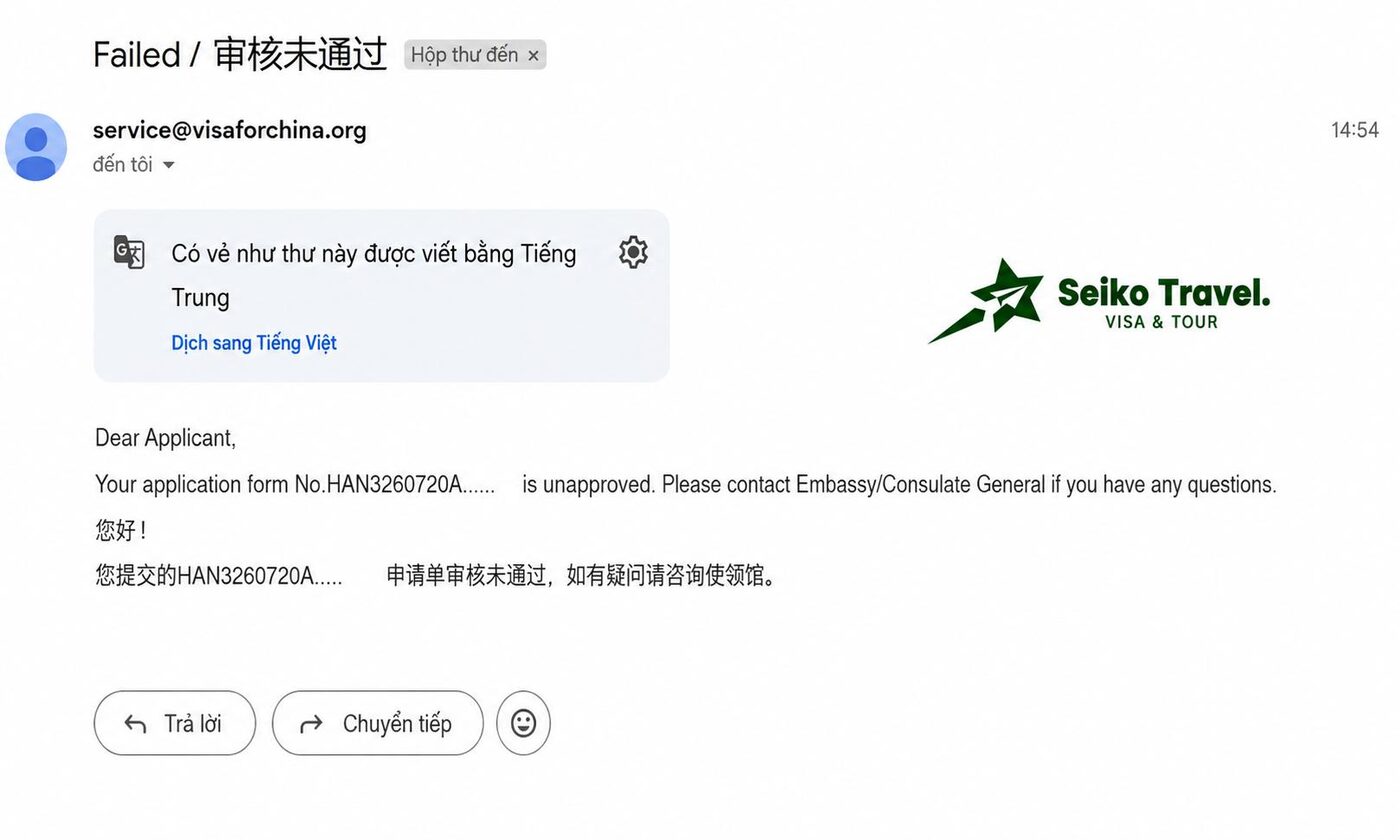 Email từ chối visa Trung Quốc – nguyên nhân trượt visa thường gặp