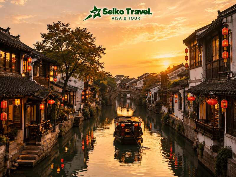 Tour đi du lịch Thượng Hải Trung Quốc – Kênh nước cổ trấn Tây Châu hoàng hôn
