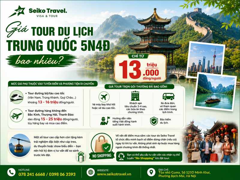Giá Tour Du Lịch Trung Quốc 5N4Đ chỉ từ 13 triệu đồng