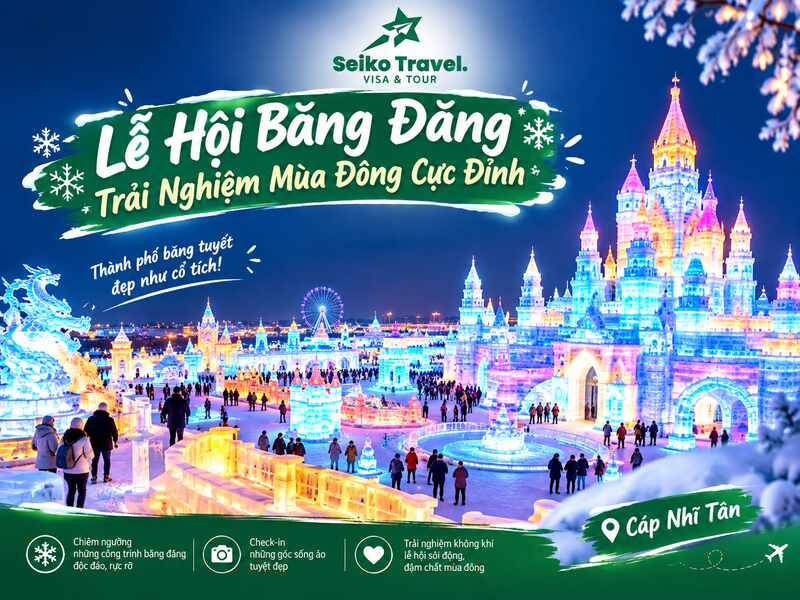 Tour Du Lịch Cáp Nhĩ Tân Mùa Đông 2026 Trọn Gói | Giá Tốt 2 Lễ hội Băng Đăng Cáp Nhĩ Tân về đêm trong tour du lịch Cáp Nhĩ Tân