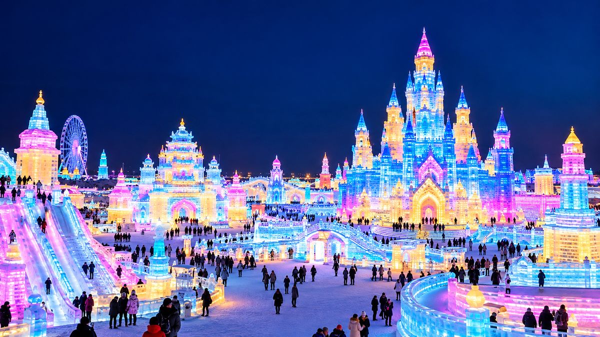 Lễ hội băng đăng Cáp Nhĩ Tân về đêm với lâu đài băng phát sáng