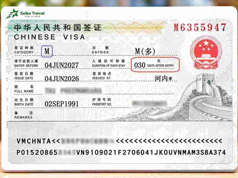 Visa thương mại Trung Quốc loại M nhập cảnh nhiều lần, lưu trú 30 ngày do Seiko Travel làm